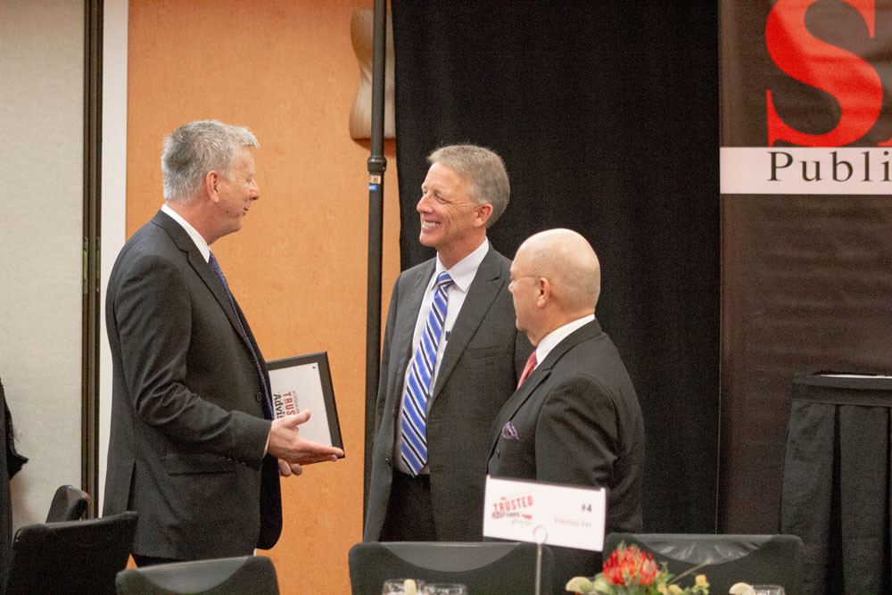SBJ Trusted
At Springfield Business Journal’s Sept. 14 Trusted Advisers awards ceremony, Husch Blackwell attorney David Agee visits with Elliott, Robinson & Co.’s Bob Helm and Neale & Newman LLP’s Richard Schnake, another honoree.